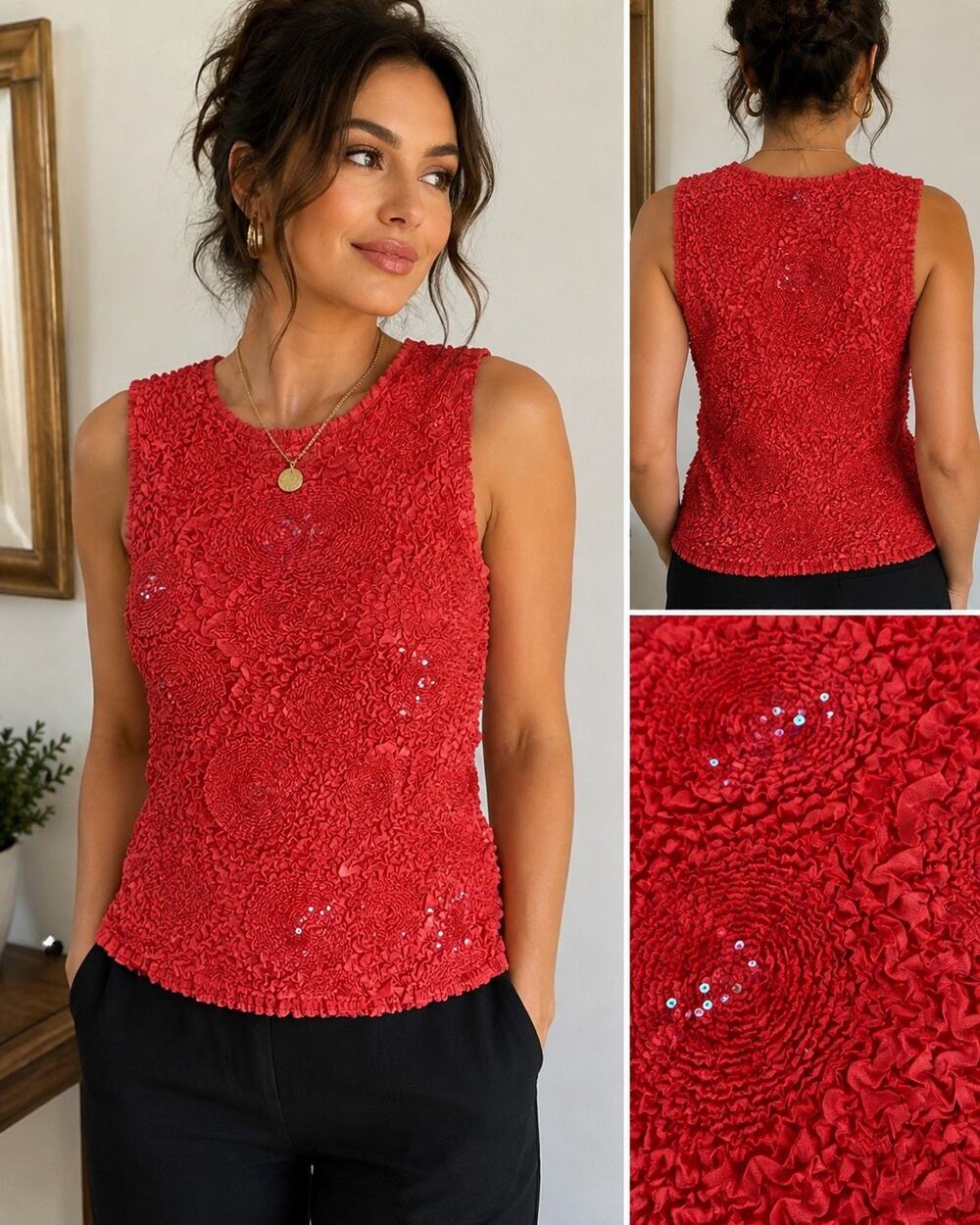 Rafael Essential Red Sequin Ruffle Textured Knit Scoop Neck Tank Top Women’s M